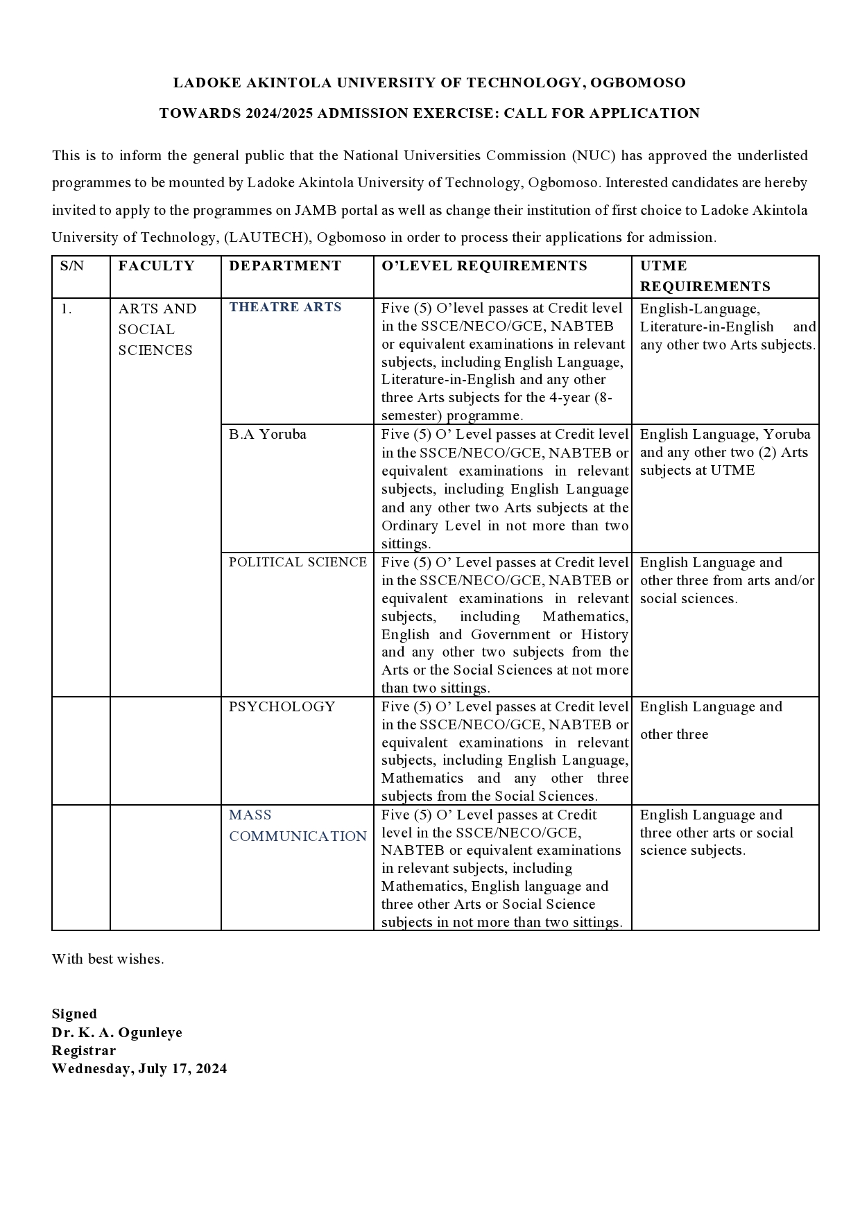 TOWARDS 2024/2025 ADMISSION EXERCISE: CALL FOR APPLICATION