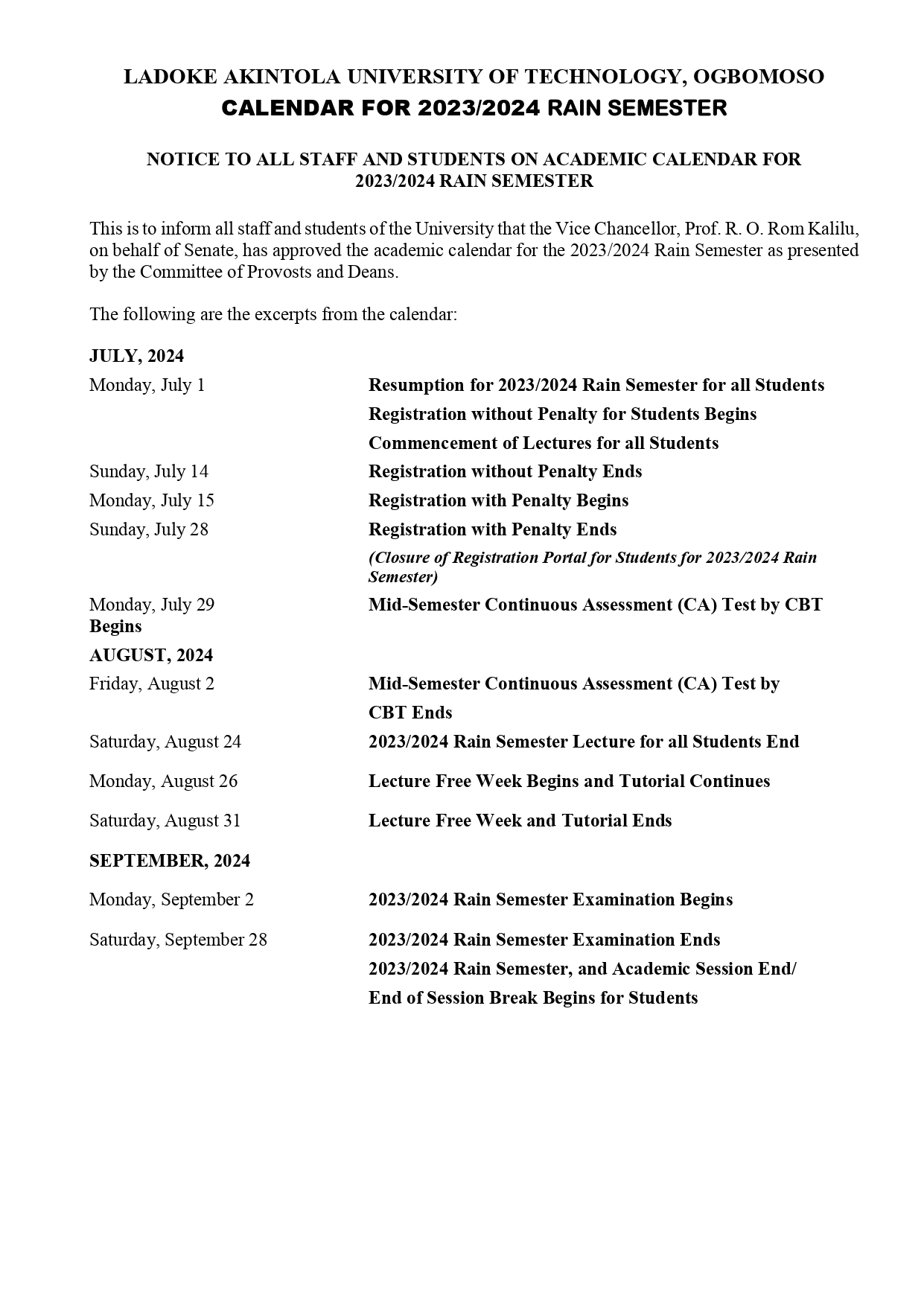 NOTICE TO ALL STAFF AND STUDENTS ON ACADEMIC CALENDAR FOR 2023/2024 RAIN SEMESTER