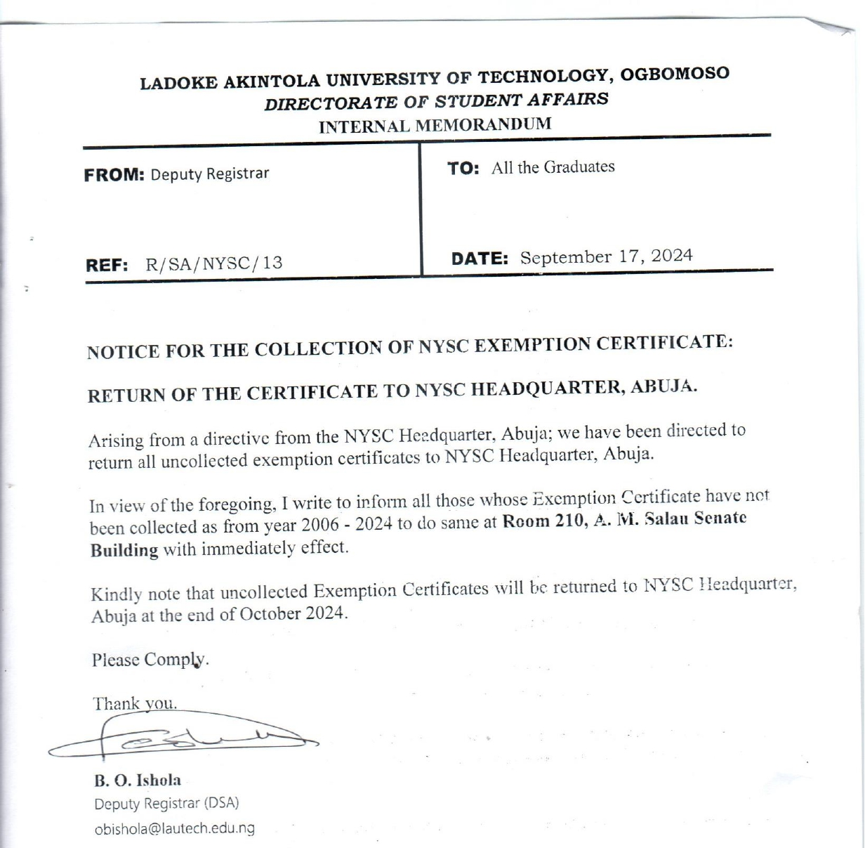 Notice for the collection of NYSC Exemption 