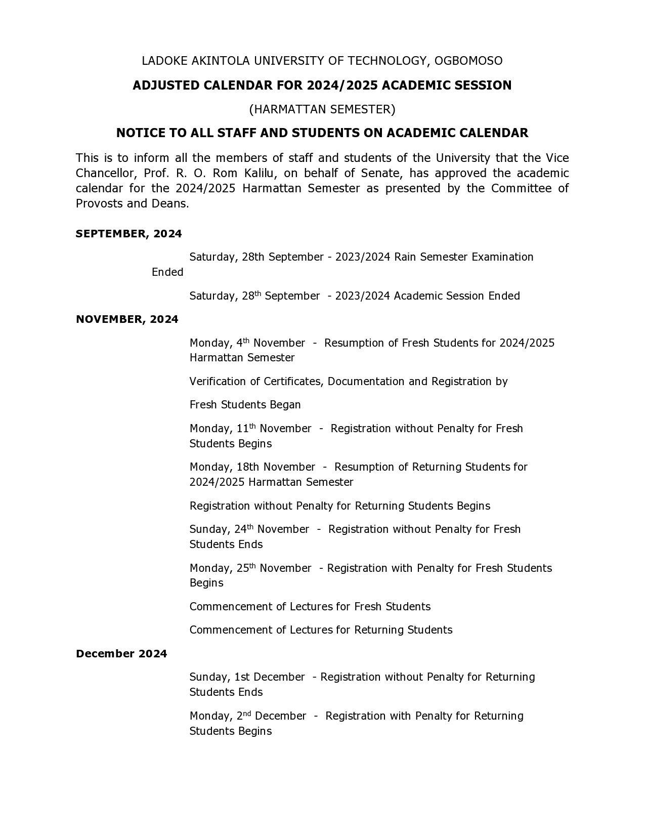 NOTICE TO ALL STAFF AND STUDENTS ON ADJUSTED ACADEMIC CALENDAR