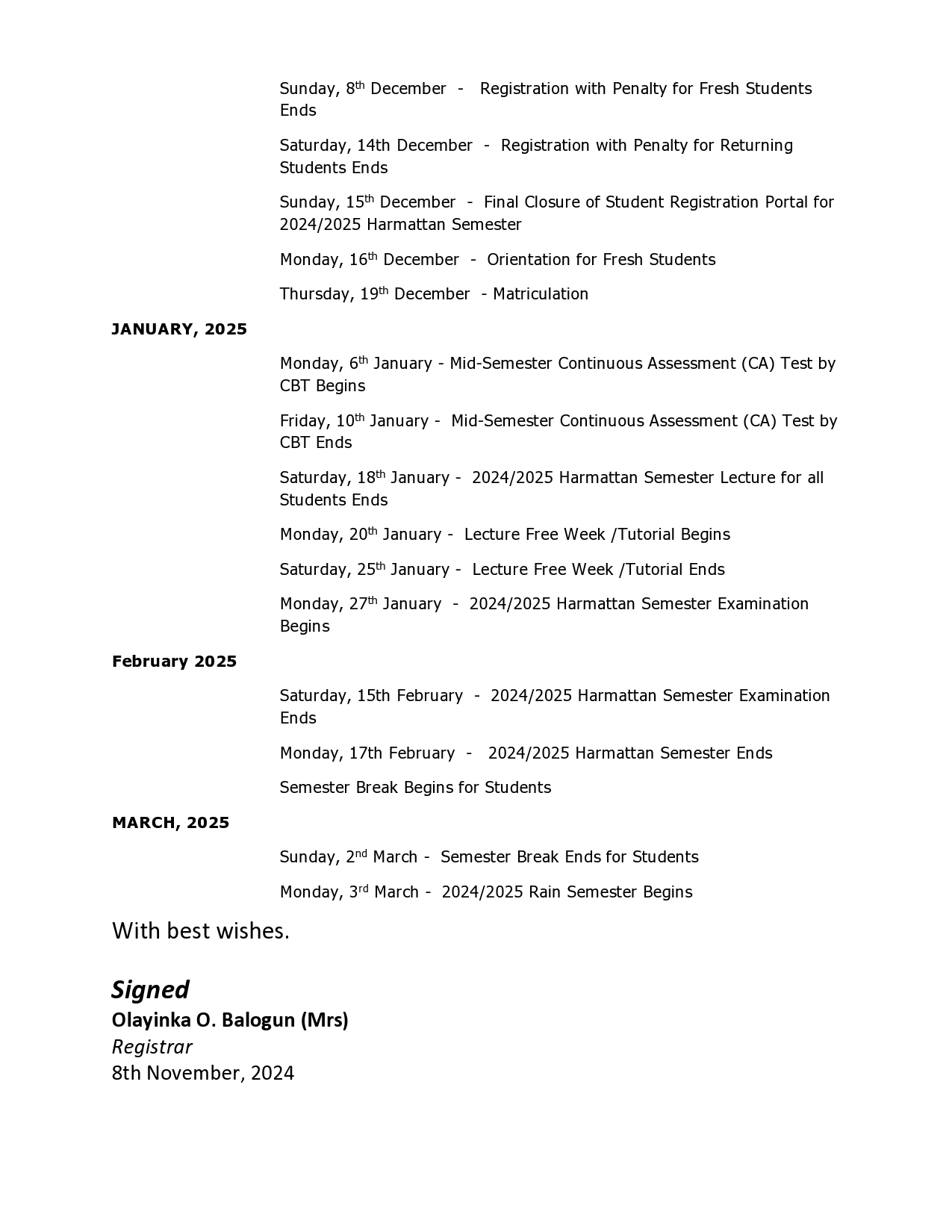 NOTICE TO ALL STAFF AND STUDENTS ON ADJUSTED ACADEMIC CALENDAR