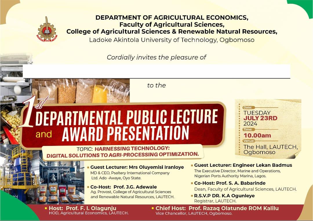 DEPARTMENT OF AGRICULTURAL ECONOMICS 1ST DEPARTMENTAL PUBLIC LECTURE and AWARD PRESENTATION