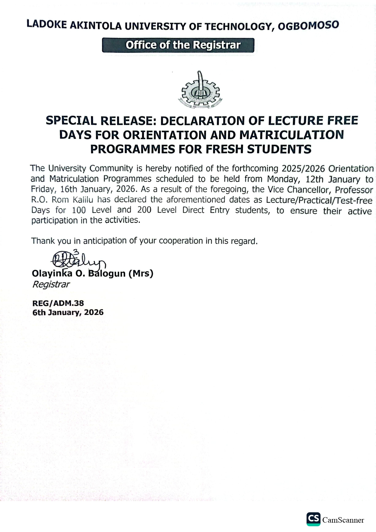 DÉCLARATION OF LECTURE-FREE DAYS
