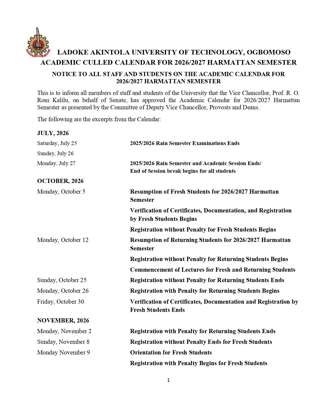 CULLED ACADEMIC CALENDAR FOR 2026/2027 HARMATTAN SEMESTER