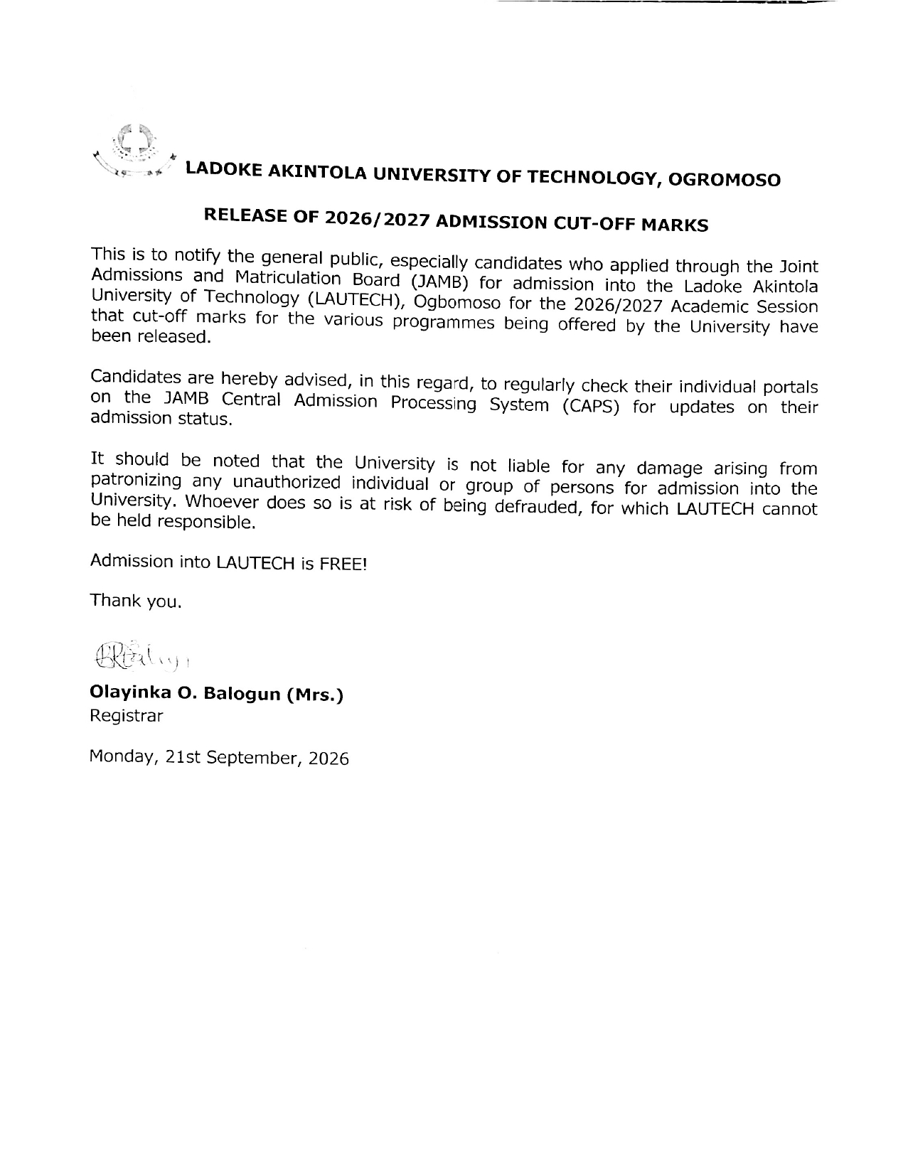 RELEASE OF 2026/2027 ADMISSION CUT-OFF MARKS