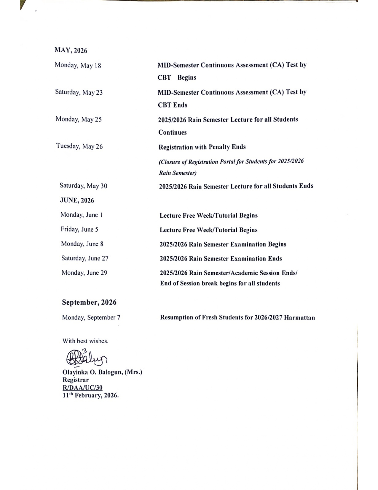 CULLED ACADEMIC CALENDAR FOR 2025/2026 RAIN SEMESTER