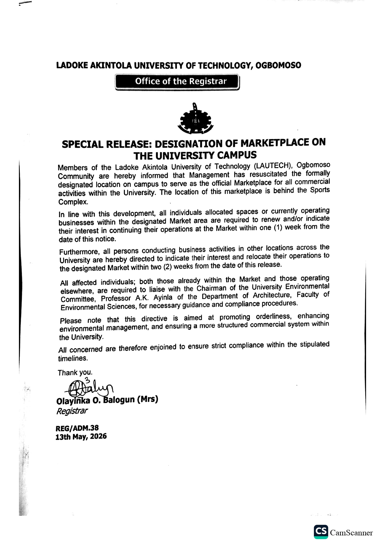 SPECIAL RELEASE DESIGNATION OF MARKETPLACE ON THE UNIVERSITY CAMPUS