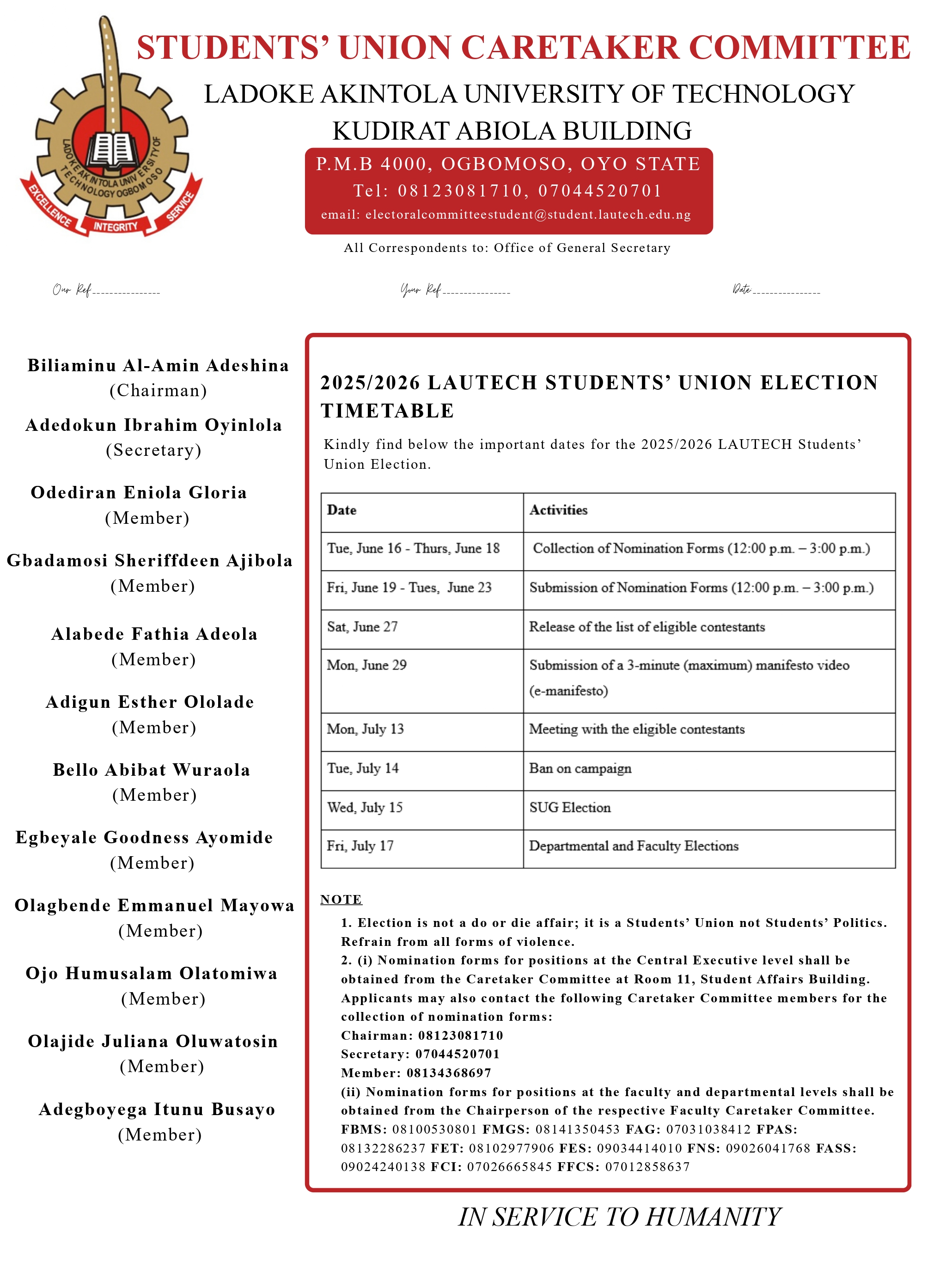 Students' Union Election Timetable