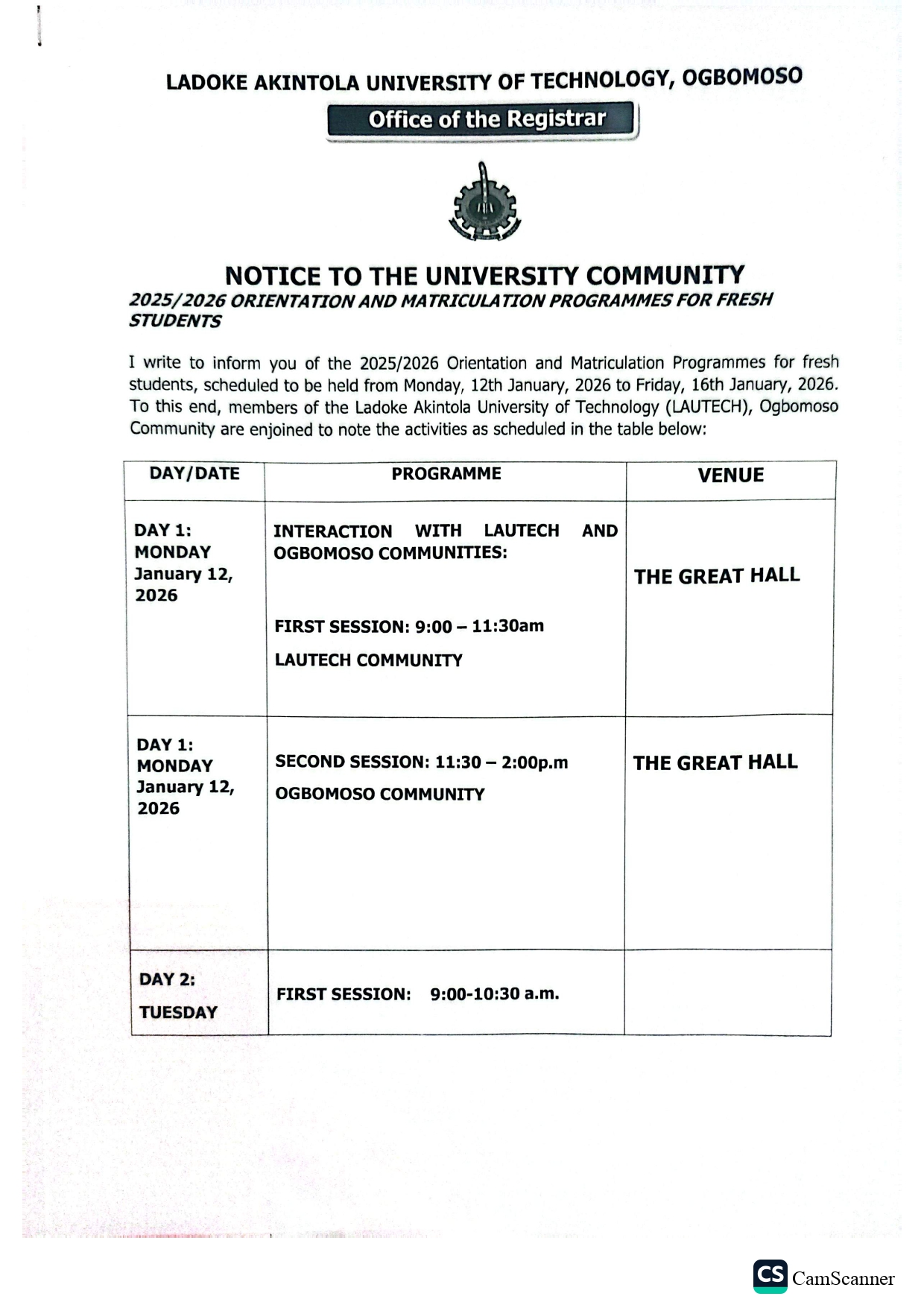 NOTICE ON ORIENTATION AND MATRICULATION PROGRAMMES