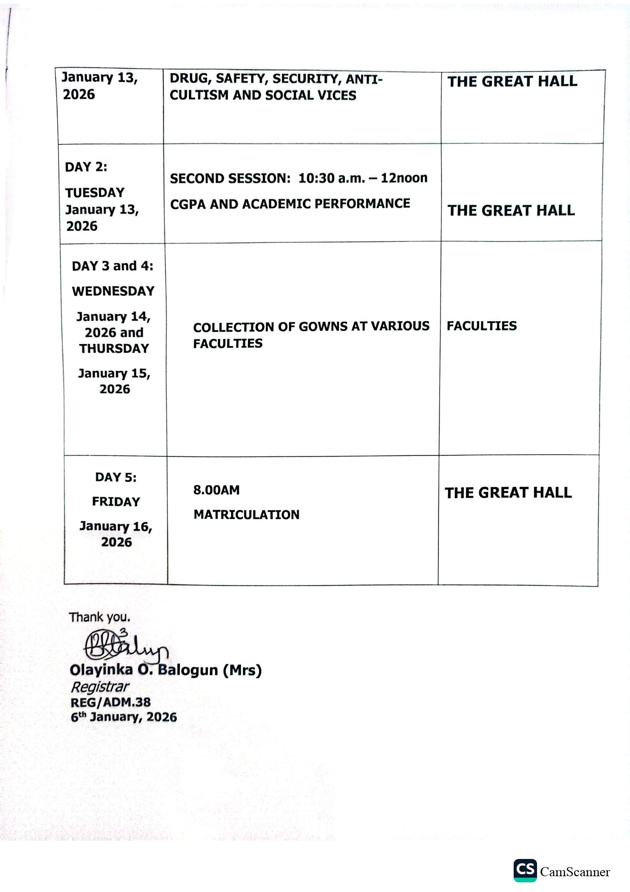 NOTICE ON ORIENTATION AND MATRICULATION PROGRAMMES