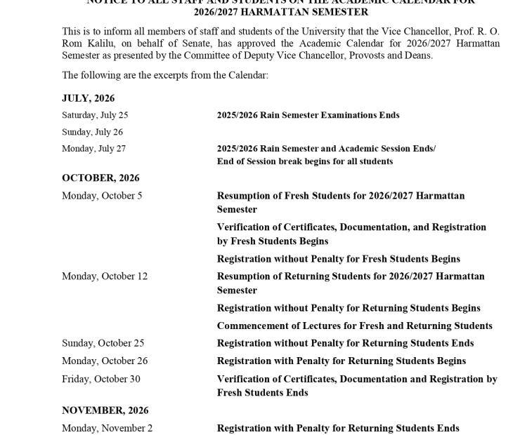 CULLED ACADEMIC CALENDAR FOR 2026/2027 HARMATTAN SEMESTER