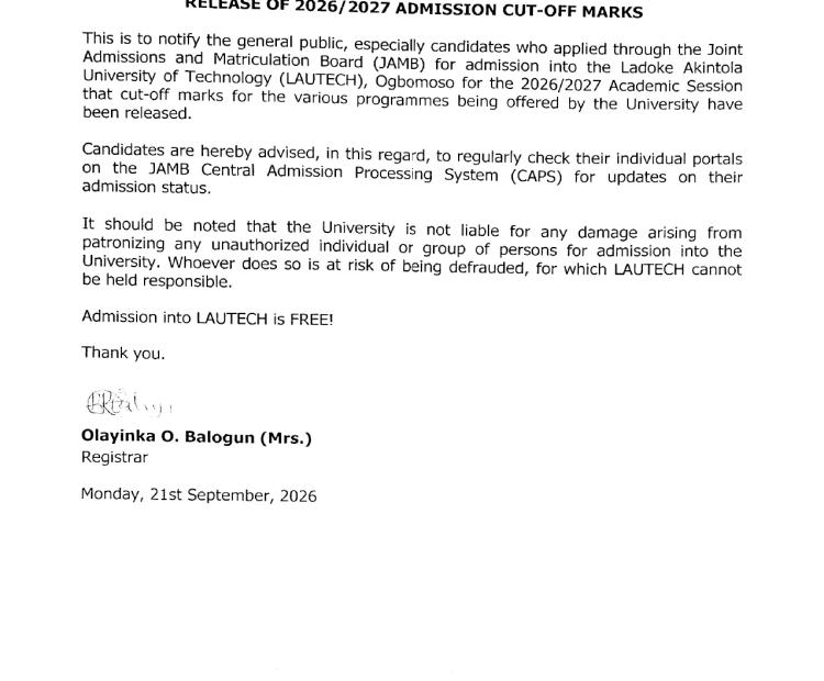 RELEASE OF 2026/2027 ADMISSION CUT-OFF MARKS